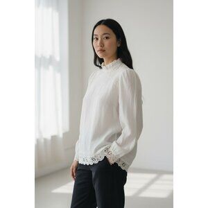 Zara S White Lace Embellished Victorian Blouse Lace Ruffle High Neck Long Sleeve